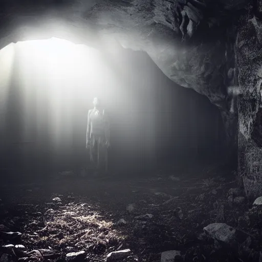 Prompt: real vampire, cinematic lighting, god rays through fog,, cave, mood scary,,