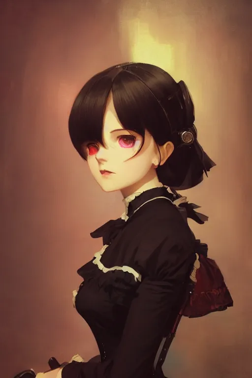 Image similar to a portrait of a cute young woman in a Victorian maid outfit with black bob cut hair, steampunk setting, vivid colors, soft lighting, atmospheric, cinematic, moody, in the style of Ilya Kuvshinov and Range Murata, Krenz Cushart, oil on canvas, 8k