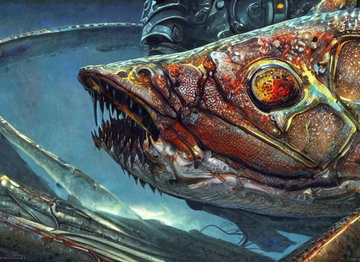 Prompt: macro closeup robotic pike fish, glowing veins, subsurface scattering, underwater, boston dynamics, by gerald brom, by mikhail vrubel, by peter elson, muted colors, extreme detail, trending on artstation, 8 k