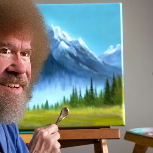 Image similar to a closeup photorealistic photograph of bob ross working on a canvas painting of cookie monster. film still. brightly lit scene. mountains and trees. this 4 k hd image is trending on artstation, featured on behance, well - rendered, extra crisp, features intricate detail, epic composition and the style of unreal engine.