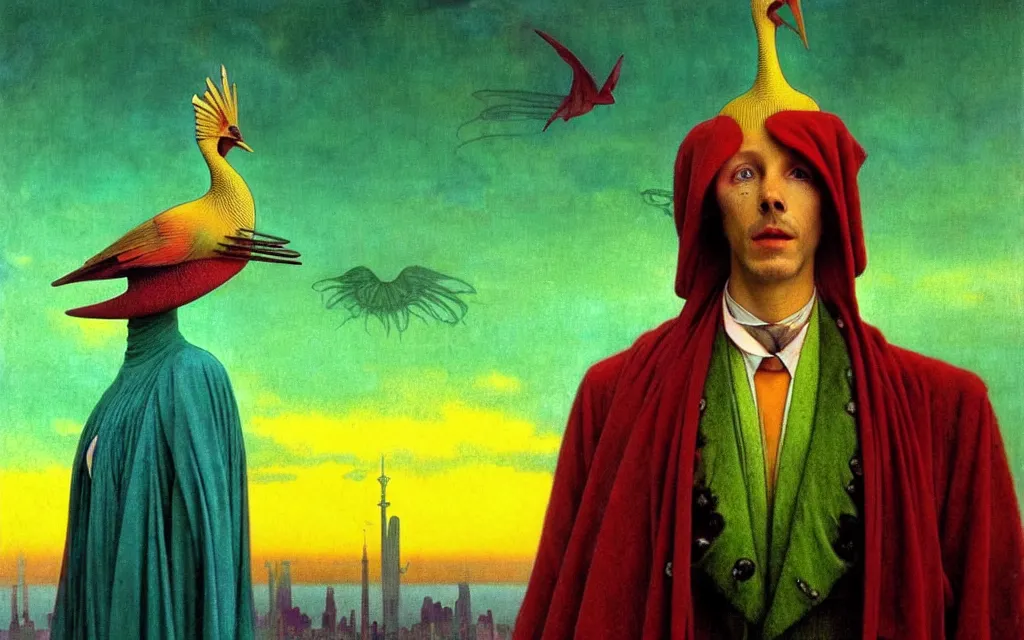 Image similar to realistic detailed portrait movie shot of a birdman wearing green robes, futuristic city sunset landscape background by denis villeneuve, yves tanguy, alphonse mucha, ernst haeckel, max ernst, roger dean, masterpiece, rich moody colours, ethereal, occult, blue eyes