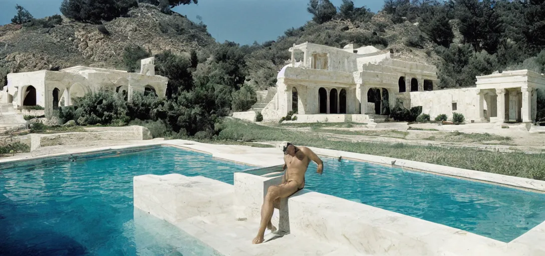 Image similar to greek - inspired marble house designed by ictinus and callicrates in california. photographed in 1 9 7 2. man swimming in pool.