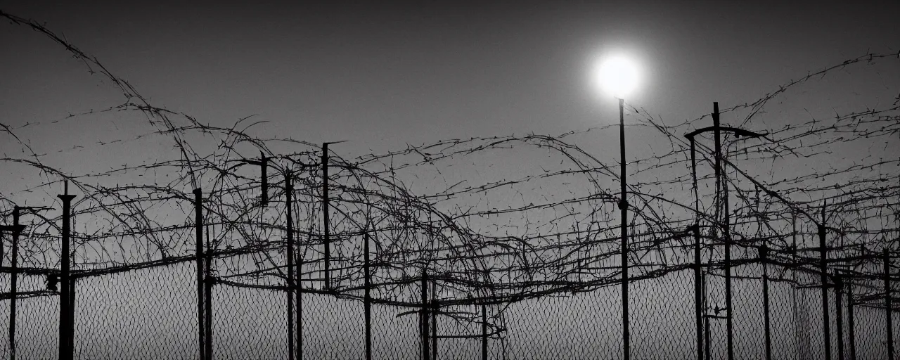 Image similar to military industrial complex, night, spotlights, watchtower, hangers, fences, barbed wire