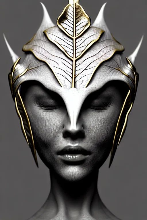 Image similar to bw close - up profile face, black background, beautiful young porcelain vegetal - dragon - cyborg - female, 1 5 0 mm, beautiful natural soft rim light, silver gold details, magnolia leaves and stems, roots, mandelbot fractal, elegant, ultra detailed, white metallic armour, octane render, h. r. giger style