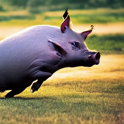 Prompt: national geographic photograph of a flying pig with wings, daylight, outdoors