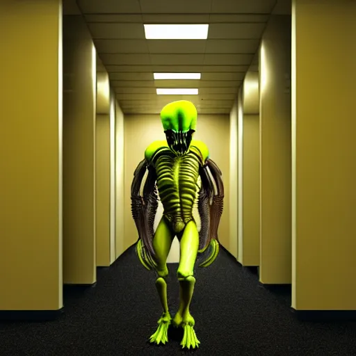 Prompt: detailed realistic xenomorph in an endless empty office building, pale yellow walls, moist brown carpet, defective fluorescent lighting, artstation, ultra detailed, creepy, photorealistic, nostalgia