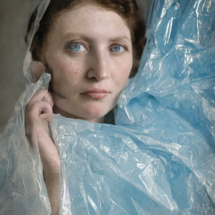 Image similar to closeup portrait of a woman wrapped in blue cellophane, standing in an abandoned cotton mill, color photograph, by vincent desiderio, canon eos c 3 0 0, ƒ 1. 8, 3 5 mm, 8 k, medium - format print