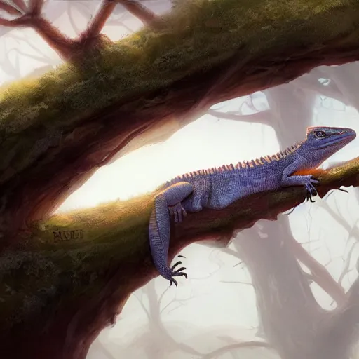 Prompt: lizard resting atop a tree branch, extreme detail, 4 k, trending on artstation, award - winning, art by greg rutkowski