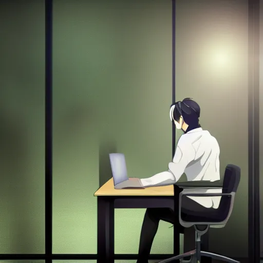 Image similar to a worker wearing a suit is sitting bored in front of his desk, it is inside a small cubicle which is completely surrounded by beautiful nature, total perspective, anime style