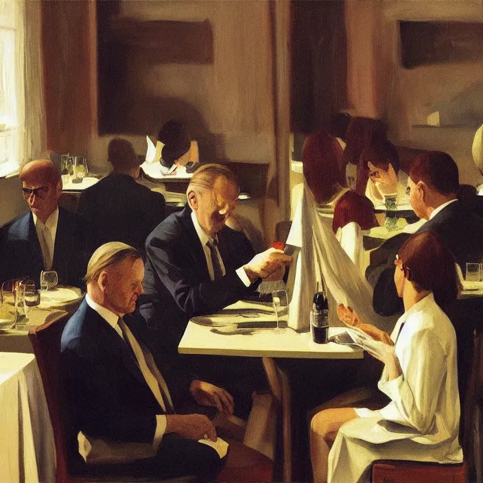 Prompt: Anthony Hopkins reading newspaper at the restaurant packed with people, highly detailed, Edward Hopper and James Gilleard