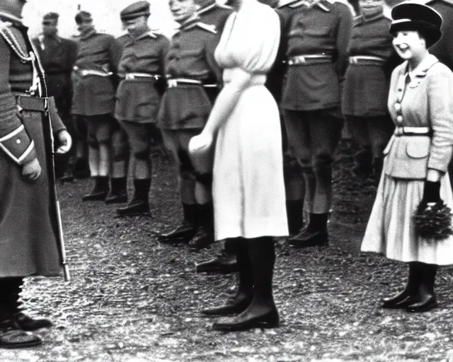 Prompt: ultra wide 1 9 4 6 blurry historical photo of a single german general bowing to a young queen elizabeth in a french village, her corgis are nearby highly detailed, sharp focus