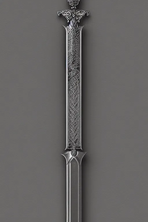 Image similar to sword of justice hanging on a wall, ornate gem in pommel, engraved blade, herringbone floor, low angle, greg rutkowski