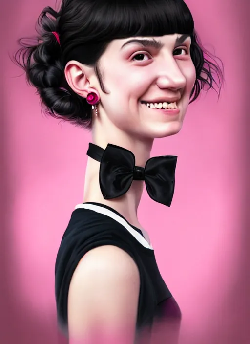 Image similar to portrait of high school girl, realistic, black hair, bangs, half updo hairstyle, pointy nose, skinny, smile, ugly, defined jawline, big chin, pink hair bow, earrings, intricate, elegant, glowing lights, highly detailed, digital painting, artstation, sharp focus, illustration, art by wlop, mars ravelo and greg rutkowski