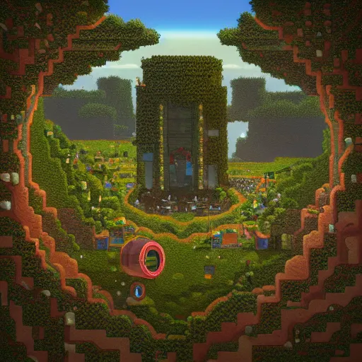 Prompt: a portal to terraria. detailed. rule of thirds. intricate. sharp focus. wide angle. unreal engine 8 k. painting by scott listfield