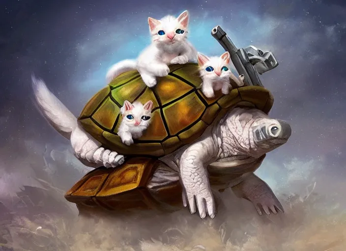 Prompt: white kittens riding giant turtles, battalion, digital oil painting, trending on artstation
