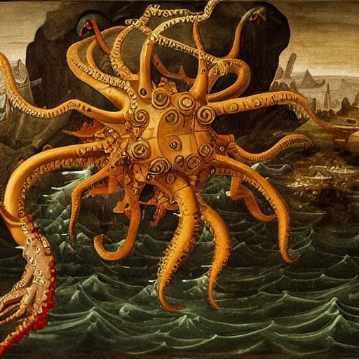 Image similar to apocalyptic scenario of a flying kraken made of silicon, renaissance style painting