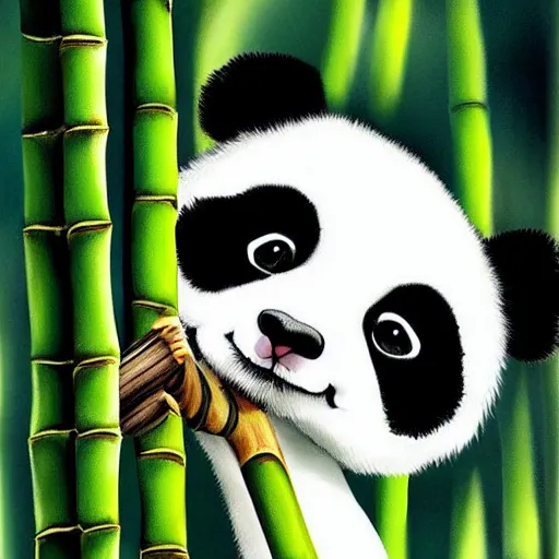 Prompt: a cute panda playing the wooden flute, in a bamboo forest. Digital art trending on art station