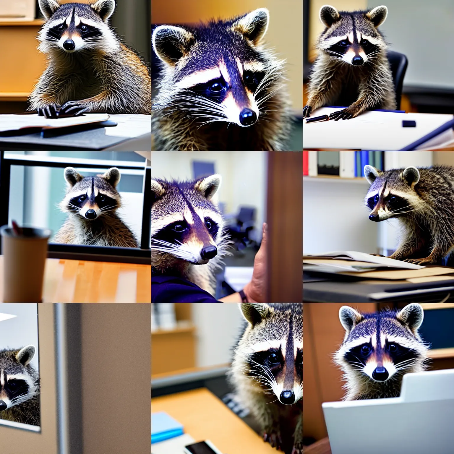 Prompt: photo of a raccoon working in the office