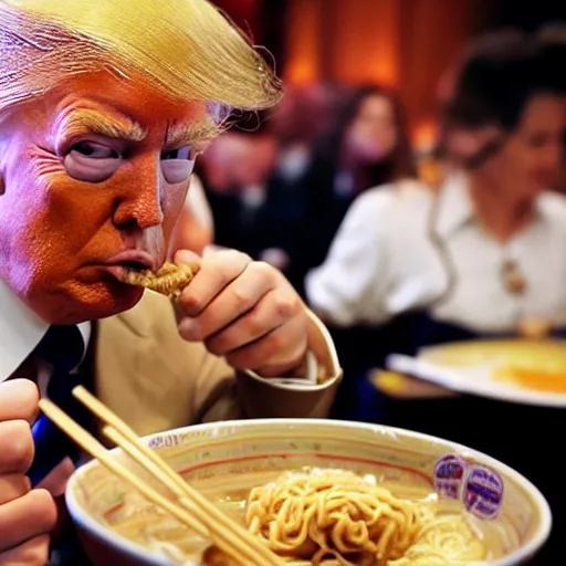Image similar to Donald Trump eating ramen noodles in a restaurant
