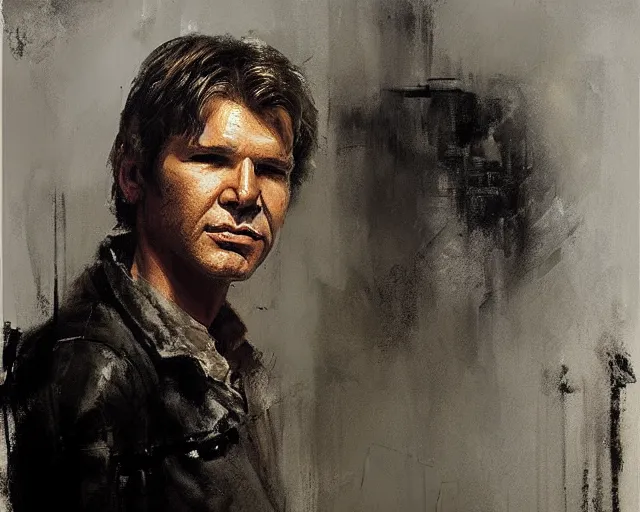 Prompt: portrait of young han solo young harrison ford in shades of grey but with brown by jeremy mann