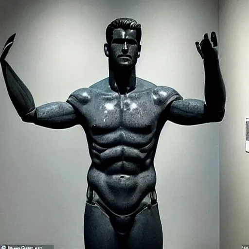 Image similar to “a realistic detailed photo of a guy who is an attractive humanoid who is half robot and half humanoid, who is a male android, actor Liam Hemsworth, shiny skin, posing like a statue, blank stare, at the museum, on display”