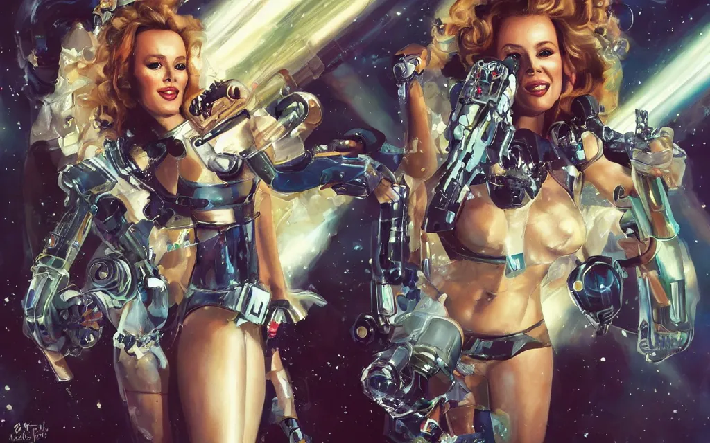 Image similar to kylie minogue as barbarella. floating through an airlock, holding a raygun. soft lighting. glamorous. sophisticated. hyper detailed painting. trending on artstation. cinematic.