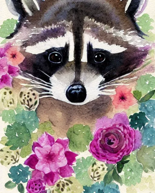 Prompt: a very detailed watercolor portrait of a cute raccoon with a crown of flowers on its head, muted colors, white paper background, watercolor on paper