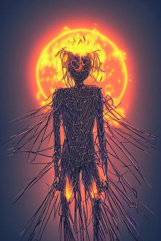 Image similar to glowing scarecrow, symmetrical, highly detailed, digital art, sharp focus, trending on art station, anime art style