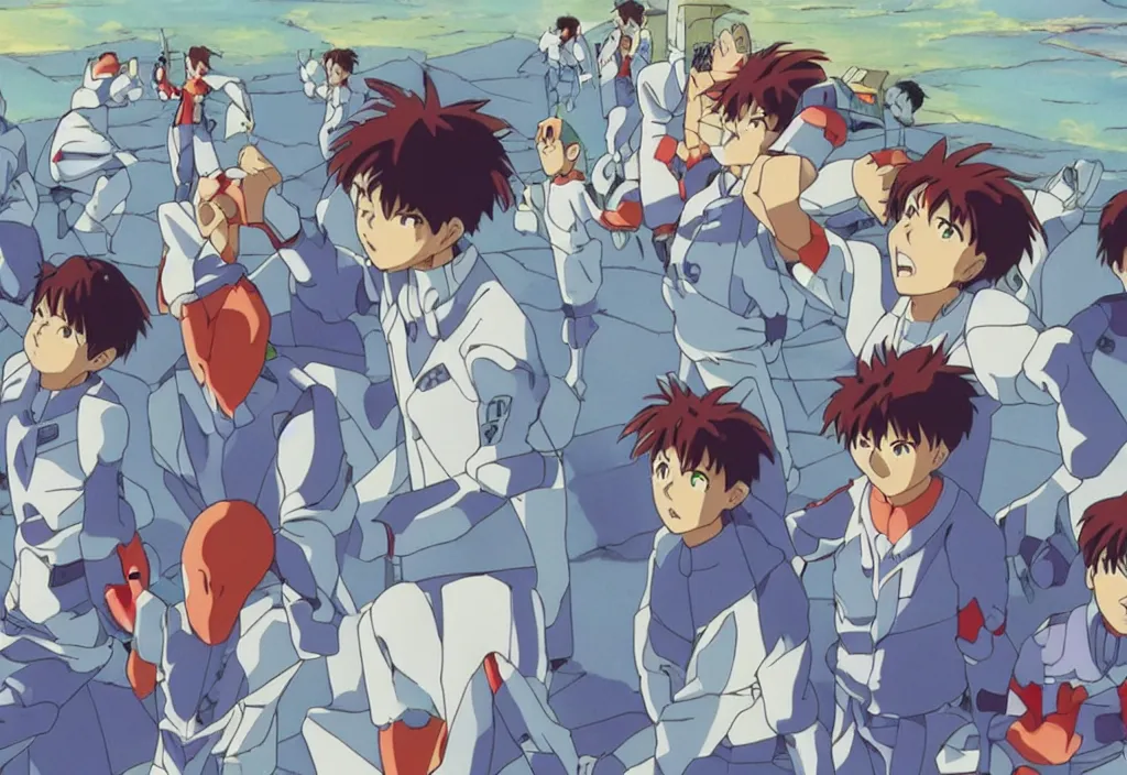 Image similar to a scene from evangelion in studio ghibli style