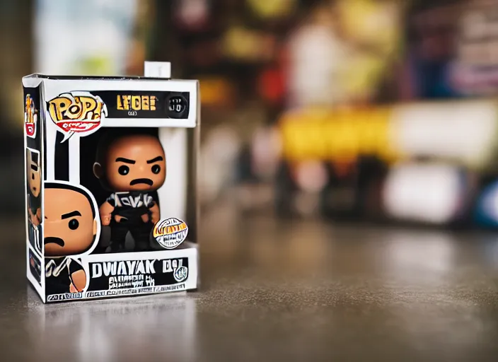 Image similar to product still of Dwayne Johnson funko pop with box, 85mm f1.8