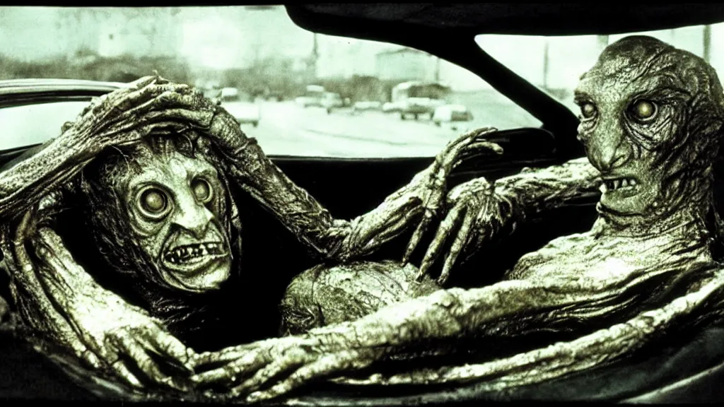 Image similar to the creature sits in a car, made of wax and metal, film still from the movie directed by David Cronenberg with art direction by Salvador Dalí, wide lens