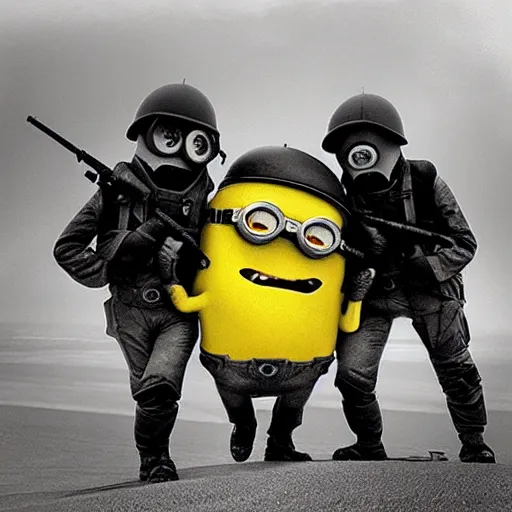 Image similar to “minions landing on D-Day, 4k, award winning”