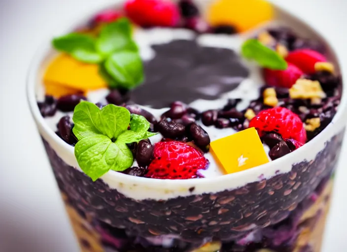 Prompt: dslr food photograph of black bean yogurt parfait, 8 5 mm f 1. 8