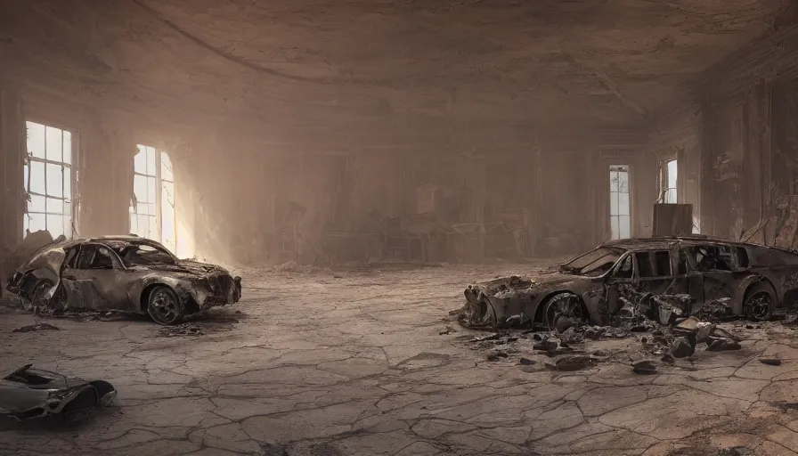 Image similar to interior of destroyed oval office in mad max, movie style, sand floor, hyperdetailed, artstation, cgsociety, 8 k