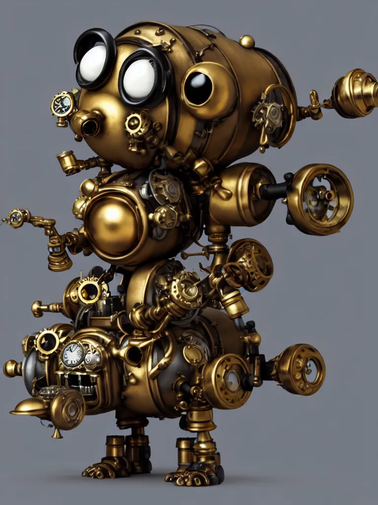 Prompt: a tiny cute steampunk dieselpunk monster with golden pistons and black belts and camshaft pulley and one small machine gun turret and one tiny missile launcher and one small jet engine and big eyes smiling and waving, back view, isometric 3d, ultra hd, character design by Mark Ryden and Pixar and Hayao Miyazaki, unreal 5, DAZ, hyperrealistic, Cycles4D render, Arnold render, Blender Render, cosplay, RPG portrait, dynamic lighting, intricate detail, summer vibrancy, cinematic, centered, focused, sharp