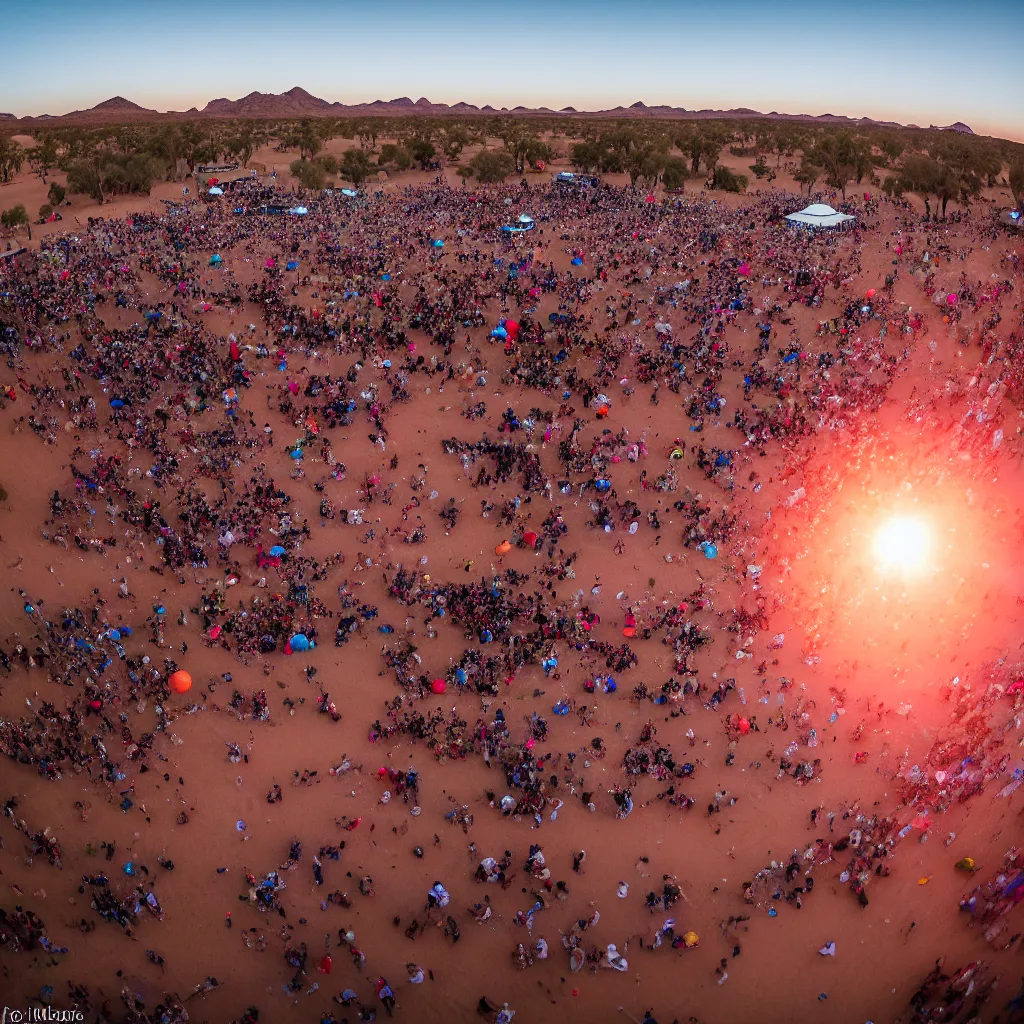 Prompt: low angle shot of dancefloor at festival in the desert, doof, clean, celebration, party, night time australian outback, XF IQ4, 150MP, 50mm, F1.4, ISO 200, 1/160s, sunset