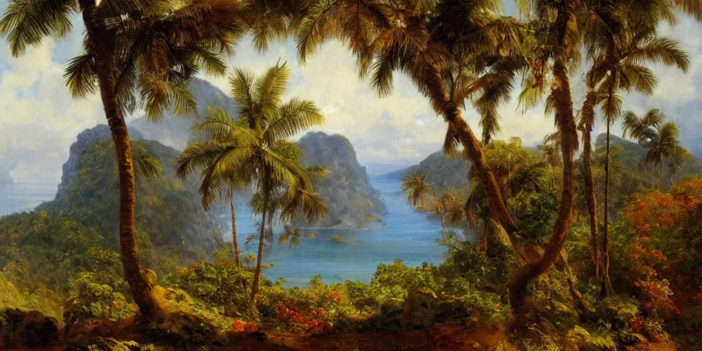 Prompt: a beautiful landscape painting of a tropical island with waterfall and palm trees, autumn bare trees, by frederic edwin church, oil on canvas, highly detailed, hd, 4 k