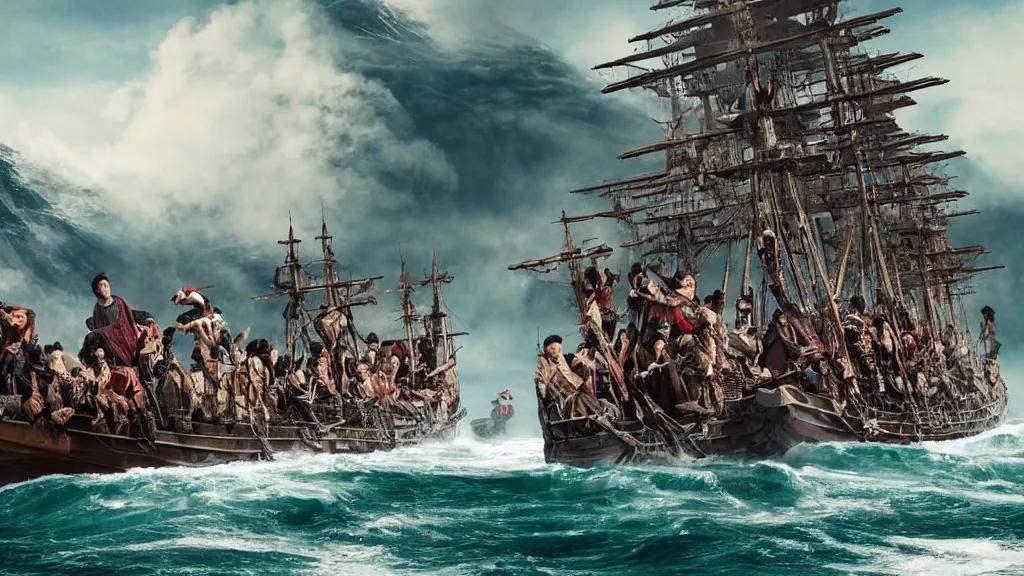 Prompt: Epic shot from a feature film depicting the arrival of the first Portuguese explorers to Japan, 4k