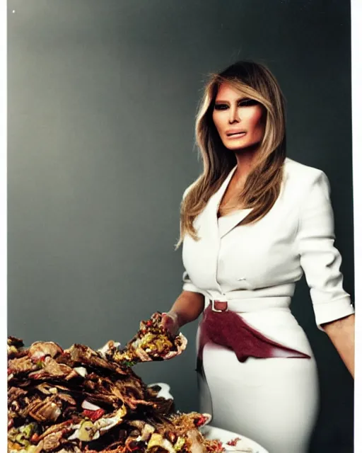 Image similar to Melania Trump eating garbage. Portrait by Annie Leibovitz.