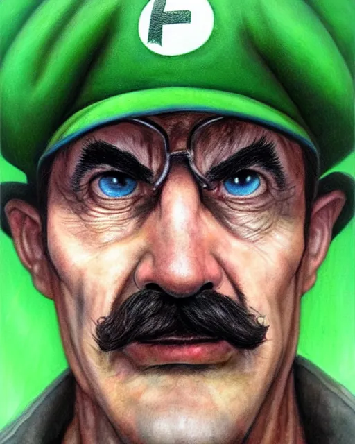 Prompt: portrait of real life super luigi, green cap, gritty, dark, beautiful, very detailed, hyperrealistic, medium shot, very detailed painting by Glenn Fabry, by Joao Ruas