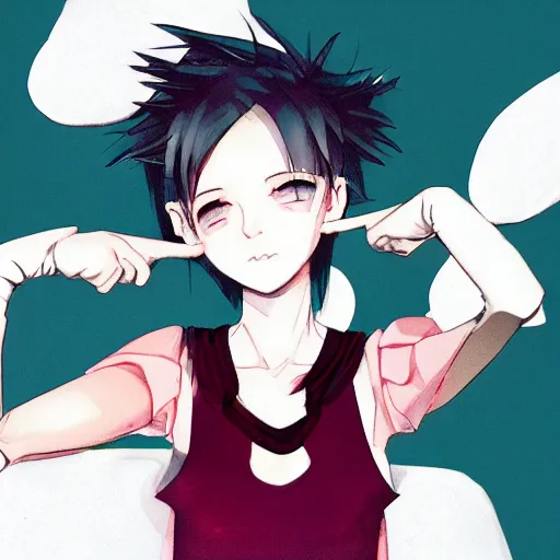 Image similar to girl, bare shoulders, detached sleeves, looking at viewer, open mouth, partially fingerless black gloves, background, red eyes, short hair, white hair, white shirt, white sleeves, wolf ears, by sophie anderson, vaporwave colors, lo - fi, concept art, smooth, detailed, toon shading, cel shading, animation, 4 k, hd