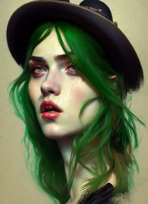 Image similar to young angry woman, beautiful girl, full body, green hair, cowboy hat, realistic, serov, surikov, vasnetsov, repin, kramskoi, insanely detailed, charlie bowater, tom bagshaw, high resolution, octane rendered, unreal engine, illustration, trending on artstation, masterpiece, 8 k