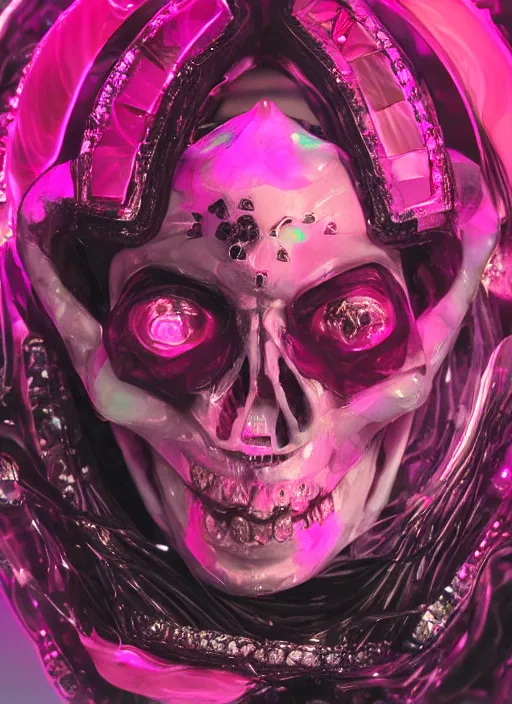 Image similar to photo of fullbodied baroque and bladerunner delicate neon diamond sculpture of seductive onyx albino marble prince kai harvatz dotado pink iridescent skull psychedelic, reclining, glowing magenta face, crown of white diamonds, cinematic lighting, photorealistic, octane render 8 k depth of field 3 d