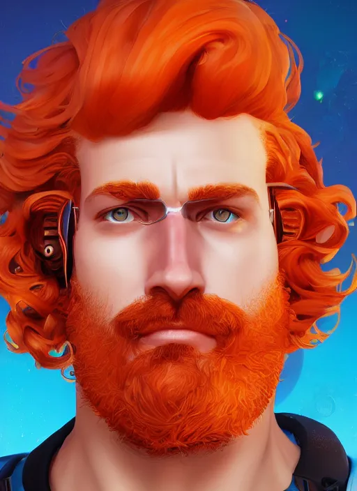 Image similar to synthwave portrait of curly orange hair man from overwatch, au naturel, hyper detailed, digital art, trending in artstation, cinematic lighting, studio quality, smooth render, unreal engine 5 rendered, octane rendered, art style by klimt and nixeu and ian sprigger and wlop and krenz cushart.