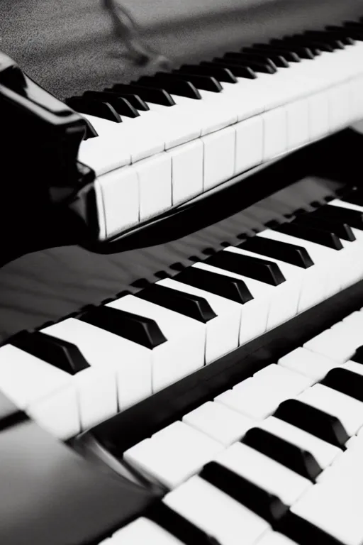 Image similar to Close-up of a piano, black gloss, keys, dark room, light from the window falls on the piano keys, dust is in the air, realistic, photo 35mm, Kodak 35mm, photorealistic, 8K, 8K resolution, 4K, high quality, Super-high quality, hyperrealistic