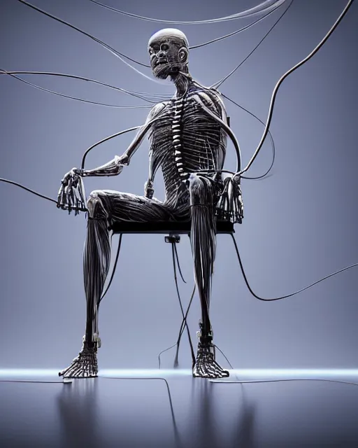 Image similar to a hyperrealistic painting of a human cyborg sitting in a chair with limbs stretched out, tied with electrical cables connected to infinite supercomputers, flood of images flowing from his head, tesseract, vitruvian man, 3 d render, octane, trending on artstation, concept art, insane details, zoomed out