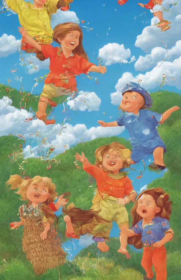 Prompt: a playful singing in the clouds, detailed, childrens book illustration, colorful, by sven nordqvist