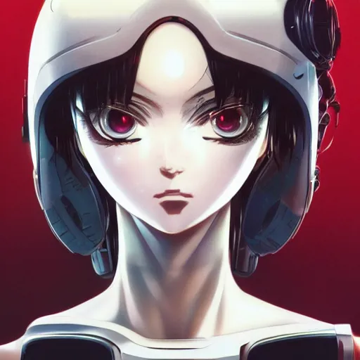 Image similar to A cyborg girl with big and cute red eyes, fine-face, realistic shaded perfect face, fine details. red, black and white robotic parts. Very very anime. Realistic shaded lighting poster by Ilya Kuvshinov katsuhiro otomo ghost-in-the-shell, magali villeneuve, artgerm, Jeremy Lipkin and Michael Garmash, Rob Rey and Kentarõ Miura style, trending on art station