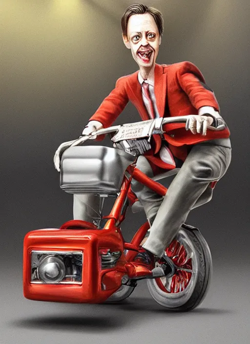 Image similar to hyperrealism steve buscemi riding a tricycle, light effect, hyper detailed, claymation, cartoon, detailed, realistic materials, sharp focus