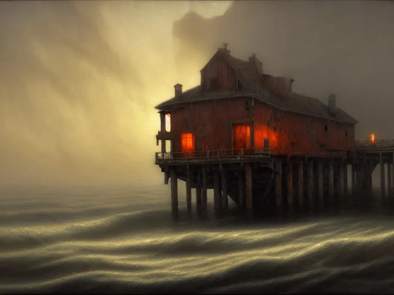 Prompt: a forgotten wharf on a cold sea by rob gonsalves and roberto ferri and julie bell and ruth deckard and hubert robert, crisp details, hyperrealism, high detail, high contrast, low light, grey mist, cobblestones, orange candle flames